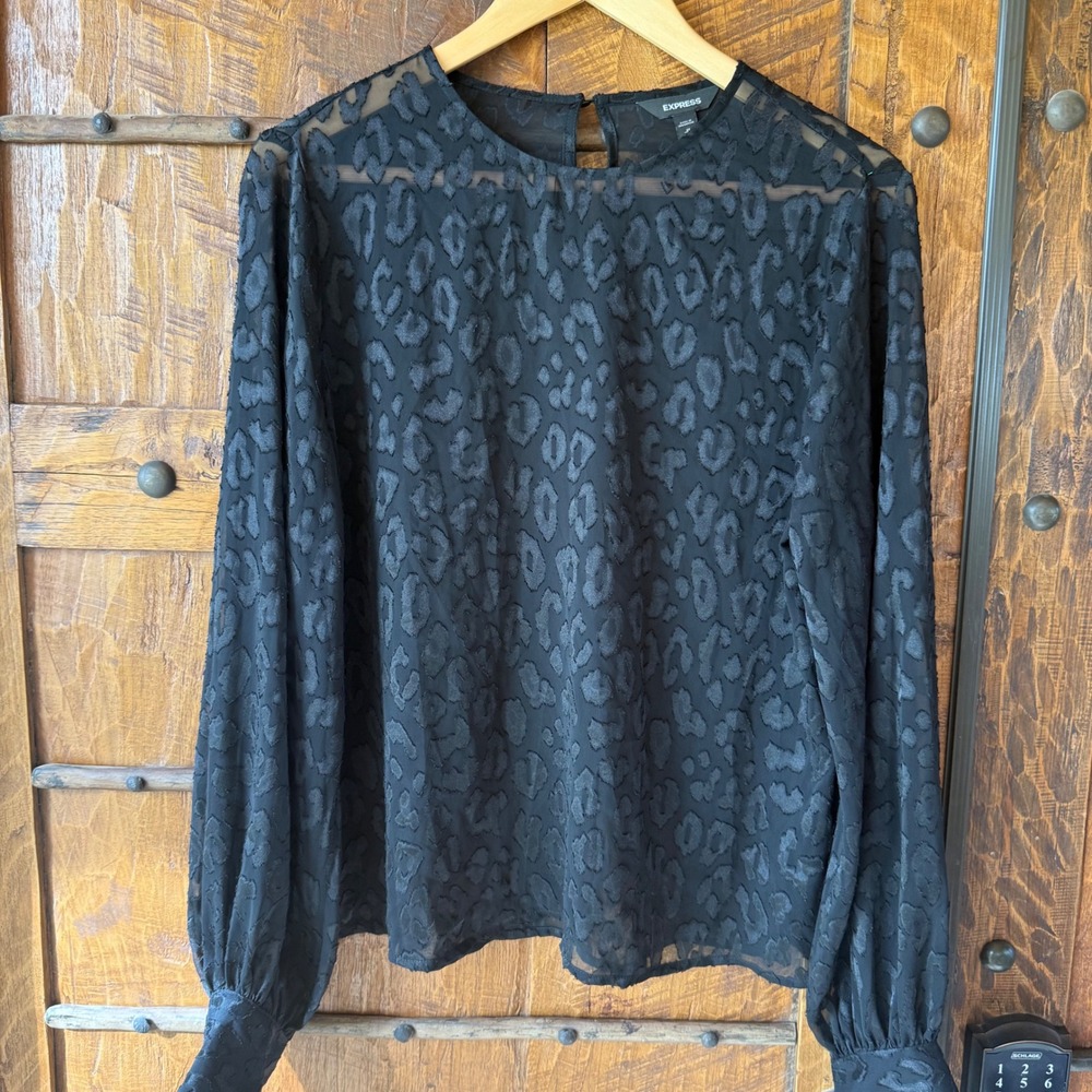 Express Blouse Womens M Black Leopard Burnout Sheer Long Sleeve Keyhole Back